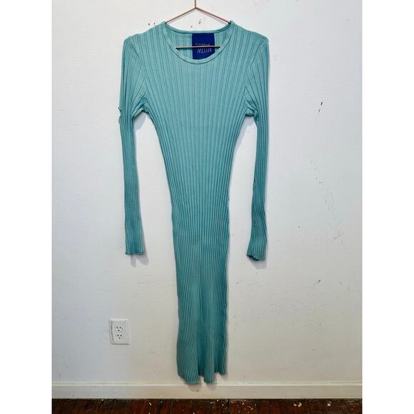SIMON MILLER Teal Light Blue Ribbed Long Sleeve Fitted Maxi Dress Size Medium - Picture 6 of 14